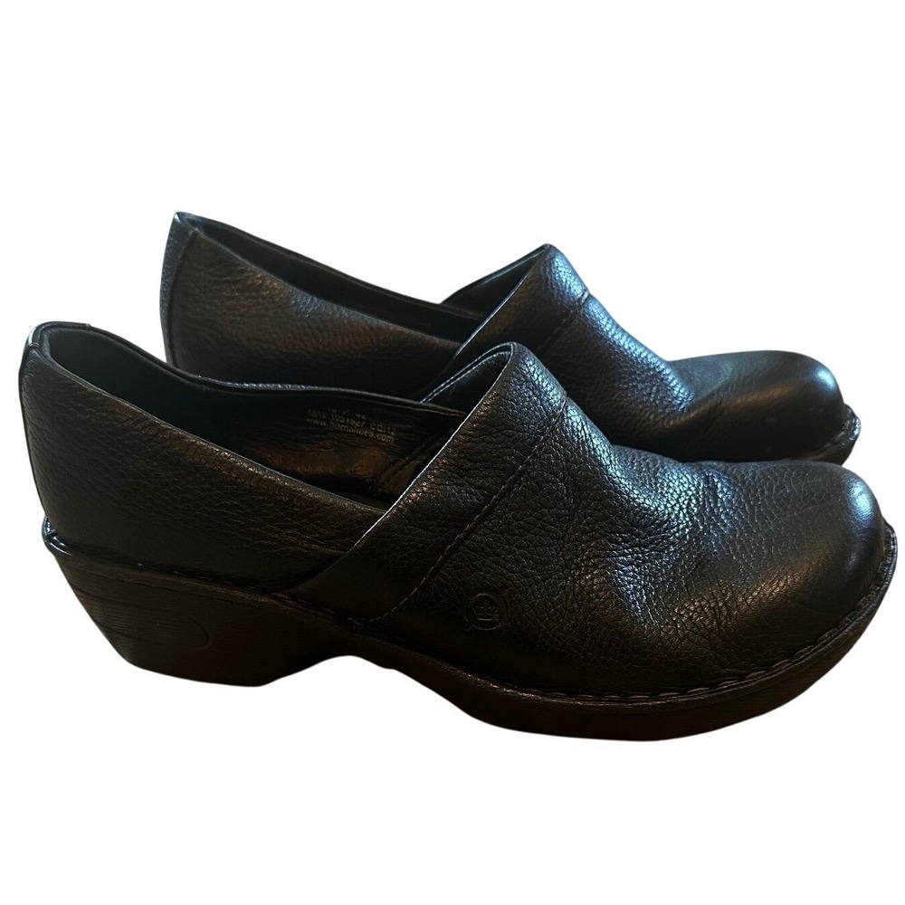 Born Womens Black Pebbled Leather Platform Wedge Slip On Clogs Women's‎ 10